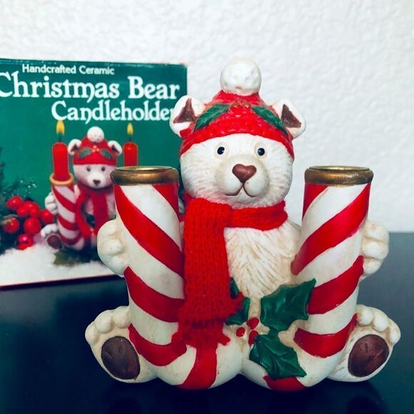 Vintage Christmas Polar Bear Candy Cane Candle Holder Figurine - Picture 1 of 4